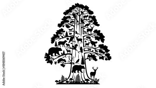 Silhouette of a detailed tree filled with various wild animals, birds, and forest elements.