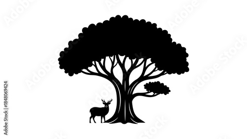 Silhouette of a majestic deer standing peacefully under a large, leafy tree on white background.