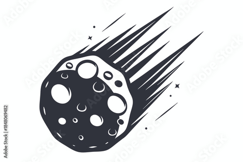 Stylized Asteroid with Fiery Trail and Starry Accents on an Isolated White Backdrop