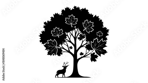 Silhouette of a majestic stag standing under a stylized maple tree with falling leaves.