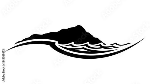 Stylized black silhouette of a mountain range emerging from stylized waves