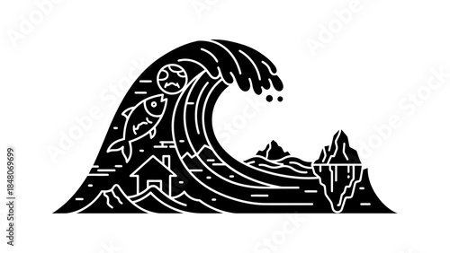 Monstrous ocean wave engulfs coastal house, fish, and iceberg; climate change concept.