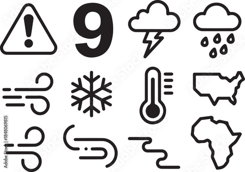 Weather icons set warning sign, number 9, lightning cloud, rain cloud, wind, snowflake, thermometer, usa map, wind gusts, fogmist, abstract line, africa map