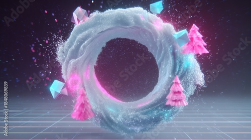 Fototapeta Naklejka Na Ścianę i Meble -  Large circle with a pink and blue swirl and a tree in the middle