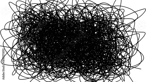 Abstract black scribble lines pattern on white background, chaotic artistic design element