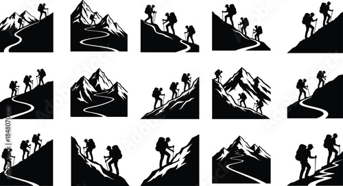 Mountain hiking silhouettes collection showing backpackers climbing peaks and trails, symbolizing adventure travel, trekking challenge, teamwork and outdoor exploration concepts
