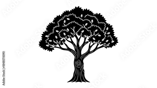 Stylized black silhouette of a mature oak tree with detailed bark and leaves on white background.