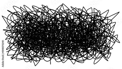 Chaotic black scribble pattern on white background, abstract art texture for design
