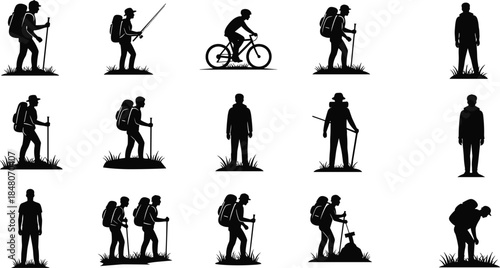 Outdoor adventure silhouettes featuring hikers, backpackers and cyclists exploring nature, trekking, camping and travel activities for hiking lifestyle concepts