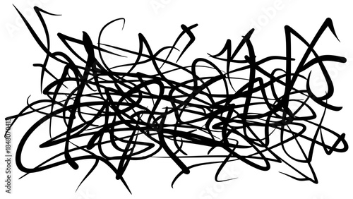 Abstract chaotic black scribble lines on a white background, graphic design element