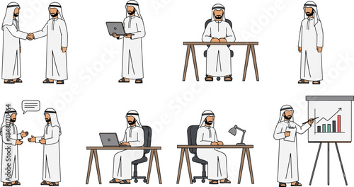 Set of Arab businessman characters doing various tasks: handshake, working on laptop, sitting at desk, presentation, and discussion vector illustration.