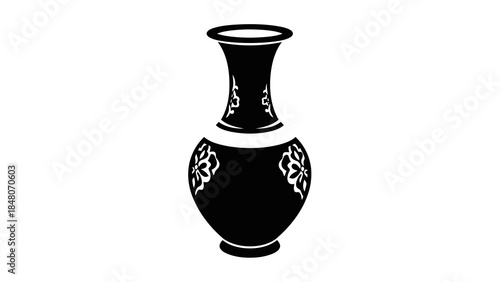 Traditional black vase with floral patterns isolated on white background, classic design