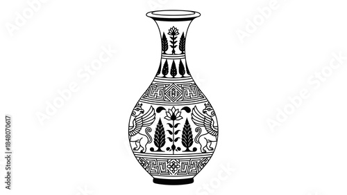 Ornate ancient vase with mythological creatures and intricate geometric patterns on white