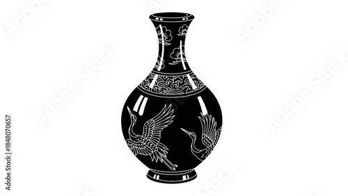 Elegant black vase with white crane and floral motifs, isolated on white.