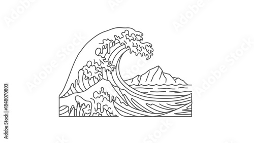 Stylized outline of a large ocean wave crashing near a mountain range landscape