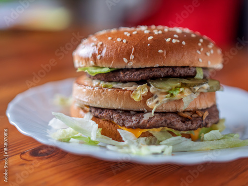 Delicious Double Layer Beef Burger on Plate