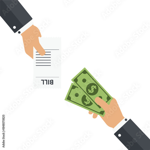 Paying a bill with cash, flat business vector illustration