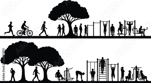 Outdoor fitness park silhouettes showing people walking, cycling, exercising, socializing, and training in urban nature environment for healthy active lifestyle
