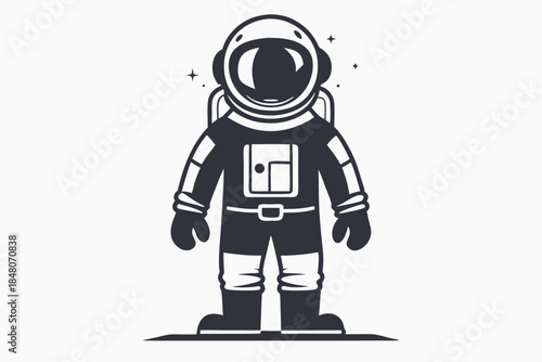 Cartoon Astronaut in Spacesuit White, Black Line Art, Flat Style Design