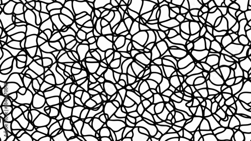 Abstract black and white chaotic web pattern with interconnected organic lines on white background