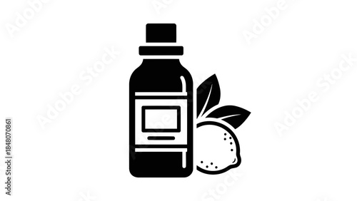 Icon of a bottle and a lemon with leaves, representing extract or essence, isolated on white