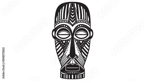 Intricate Tribal Mask Sketch Featuring Geometric Patterns and Ceremonial Style.