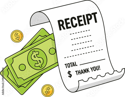 Cash and receipt, clean financial vector illustration