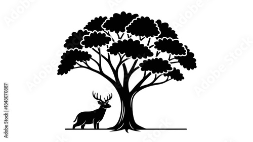 Silhouette of a majestic deer standing beneath a lush, leafy tree, isolated on white