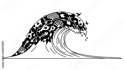 Stylized ocean wave silhouette filled with marine life and sea elements, artistic illustration