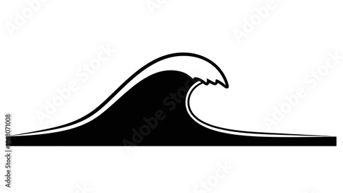 Stylized black and white graphic of a breaking ocean wave, isolated on white