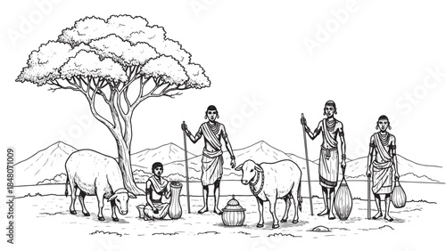 Group of Indigenous People tending cattle under a large tree in a rural savannah landscape.
