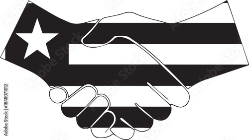 Outline of a handshake forming a country shape with stripes and a star
