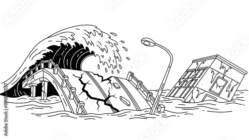 Tsunami destroys bridge and building with crashing wave, representing disaster and destruction.