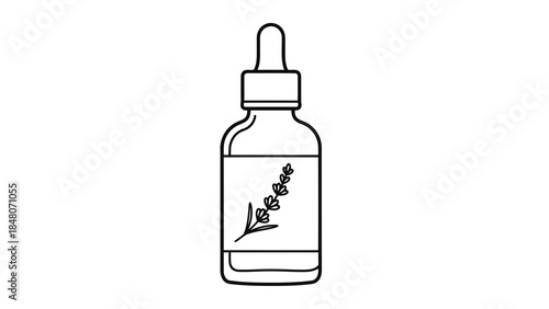 Lavender essential oil dropper bottle with herb illustration for aromatherapy and natural wellness