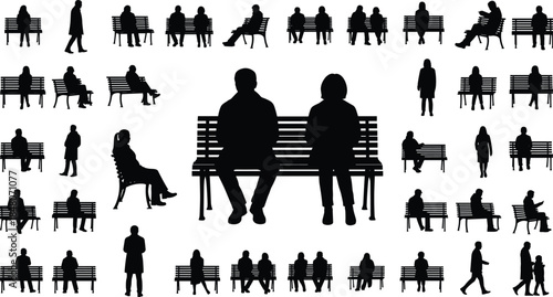 People silhouettes collection showing couples and individuals sitting and walking on park benches, ideal for urban lifestyle and social concepts