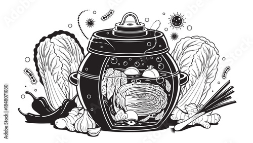 Intricate black and white illustration of a glass jar surrounded by leaves, wings, and decorative motifs in a stylized lineart design.