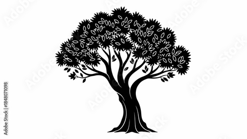 Stylized silhouette of a mature tree with lush foliage, isolated on a white background.