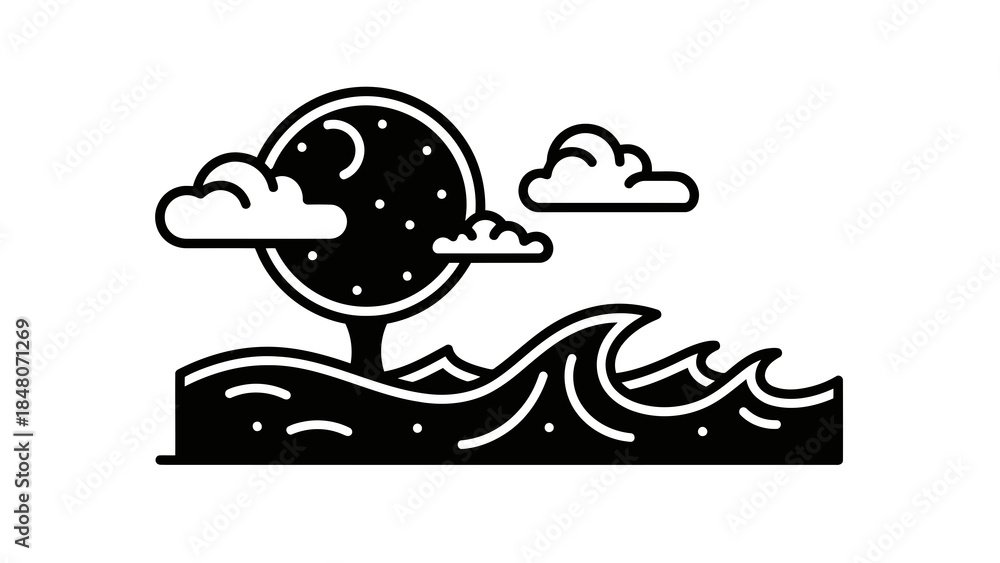 Fototapeta premium Stylized night landscape with moon, clouds and crashing waves in monochrome design