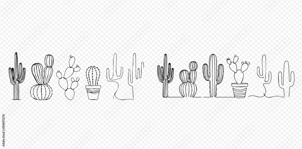 Naklejka premium Set of various hand-drawn continuous line art cactus plants in different styles and shapes.