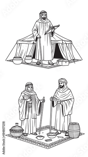Two Scenes of Religious Figures in Traditional Robes and Monastic Attire.