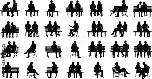 People silhouettes collection showing couples and individuals sitting on benches, illustrating social interaction, urban park lifestyle and everyday public life