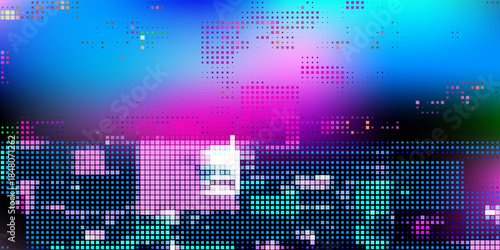 Pixel glitch noise texture with distorted digital data effect, abstract black purple background. Random artifact elements on damaged display. Tv screen error. Video game aesthetic for sci fi design.