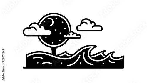 Stylized night landscape with moon, clouds and crashing waves in monochrome design
