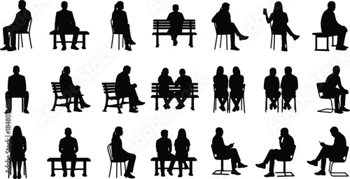 People sitting silhouette collection showing men and women on chairs and benches, relaxed poses, waiting, conversation, and everyday lifestyle scenes