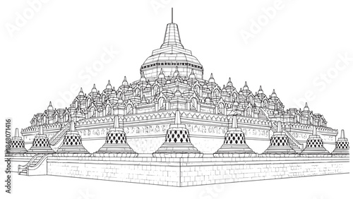 Intricate multi-tiered temple complex with domed spires and stepped terraces.