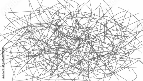 Abstract chaotic tangled grey lines pattern on white background, digital art