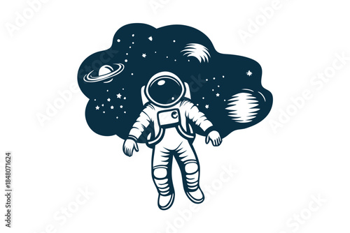 Hand Drawn Spaceman in Suit Floating In Space, Stars, Planet, and Cloud, Dark Background