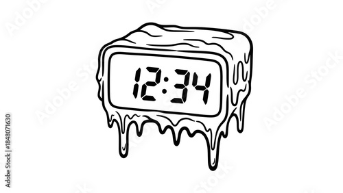 Melting digital clock with time 12:34 illustrated in a surreal style on white background