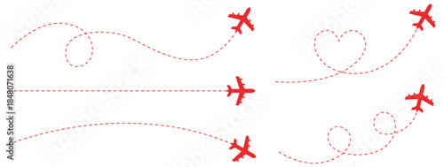 Red airplanes leaving dotted trails across a white background flight paths