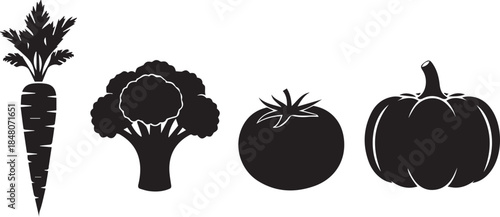 Simple silhouettes of fresh vegetables carrot broccoli tomato pumpkin on